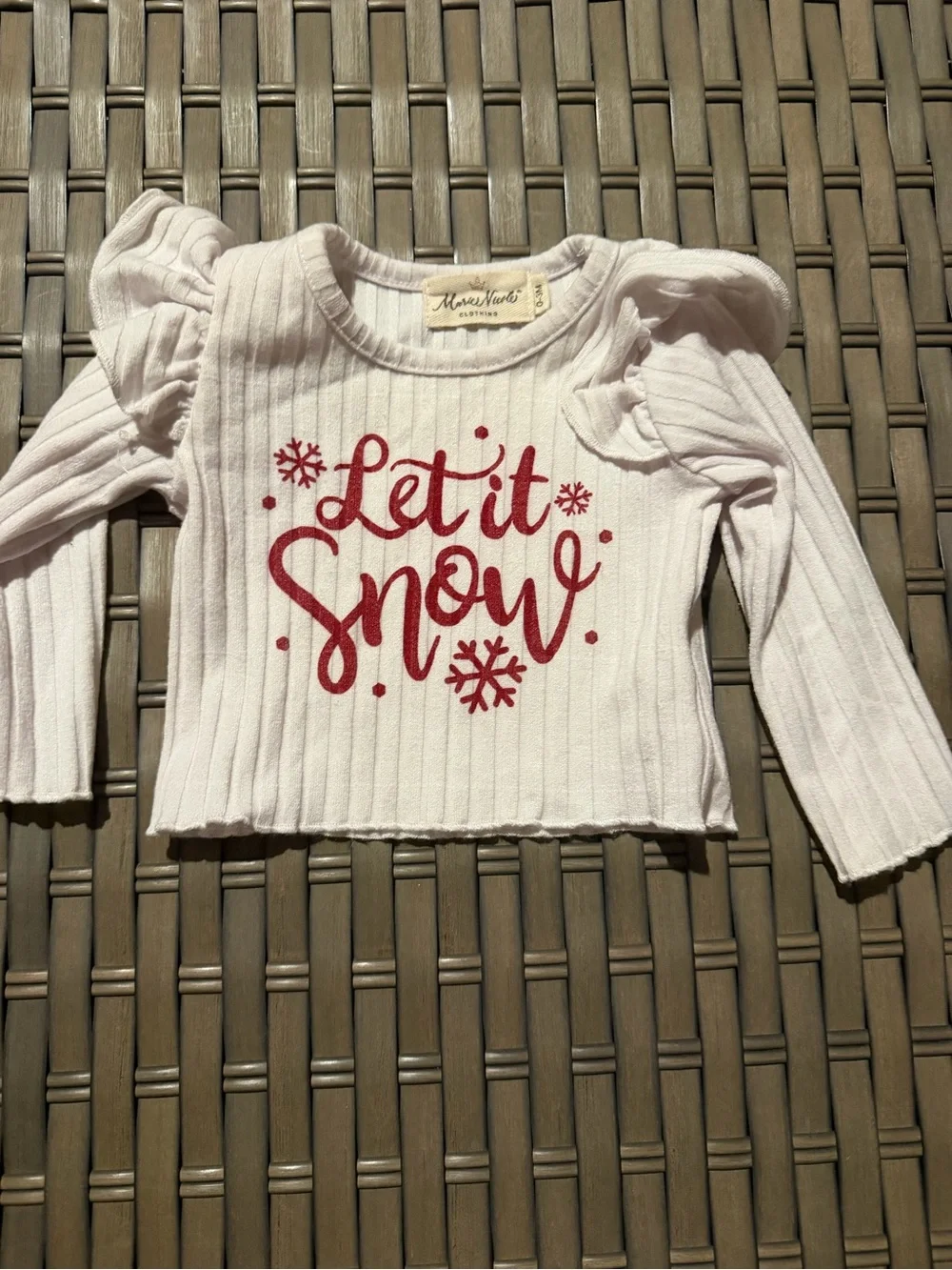 Marie Nicole 'Let It Snow' Ribbed shirt with Red Velvet Ruffle overall